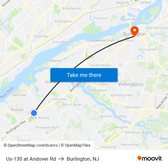 Us-130 at Andover Rd to Burlington, NJ map
