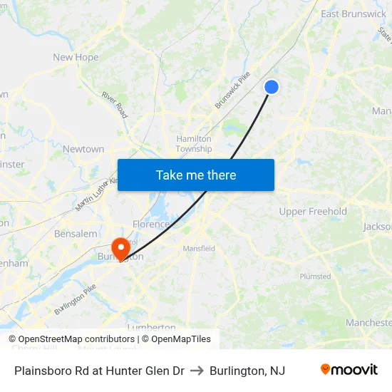 Plainsboro Rd at Hunter Glen Dr to Burlington, NJ map