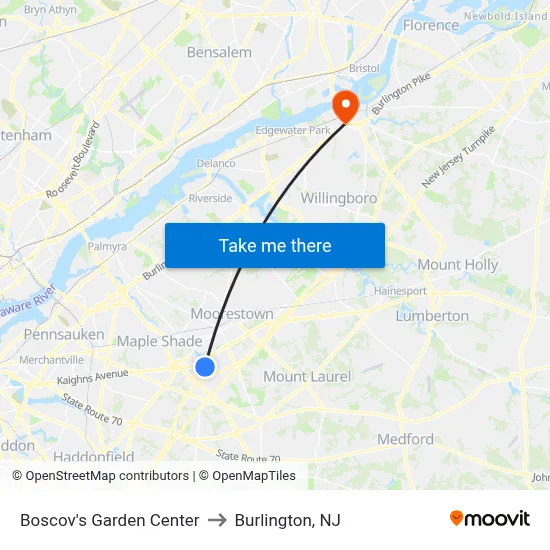 Boscov's Garden Center to Burlington, NJ map