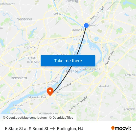 E State St at S Broad St to Burlington, NJ map