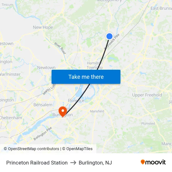 Princeton Railroad Station to Burlington, NJ map