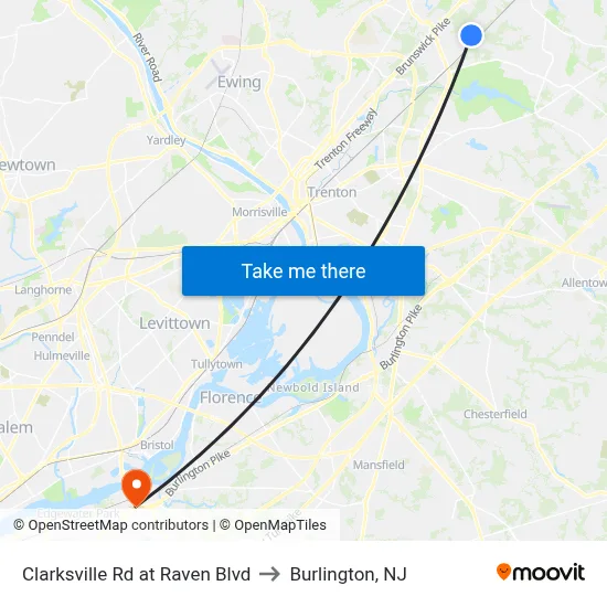 Clarksville Rd at Raven Blvd to Burlington, NJ map