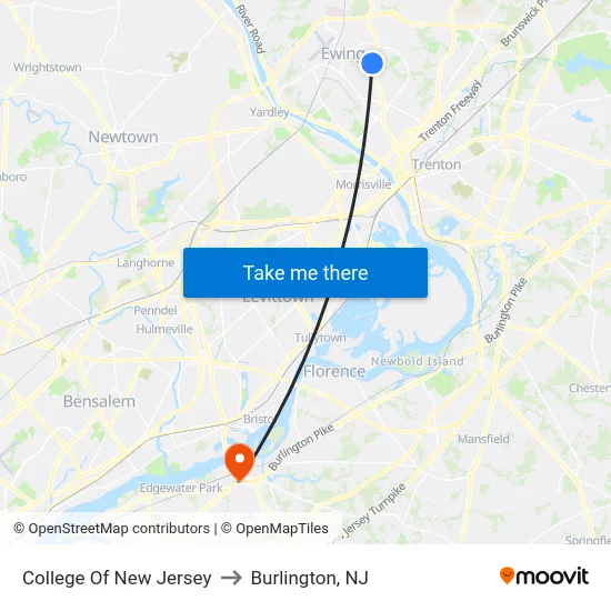 College Of New Jersey to Burlington, NJ map