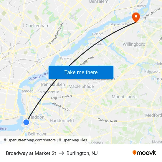 Broadway at Market St to Burlington, NJ map