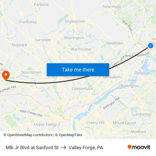 Mlk Jr Blvd at Sanford St to Valley Forge, PA map