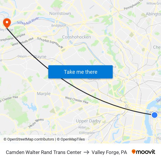 Camden Walter Rand Trans Center to Valley Forge, PA map