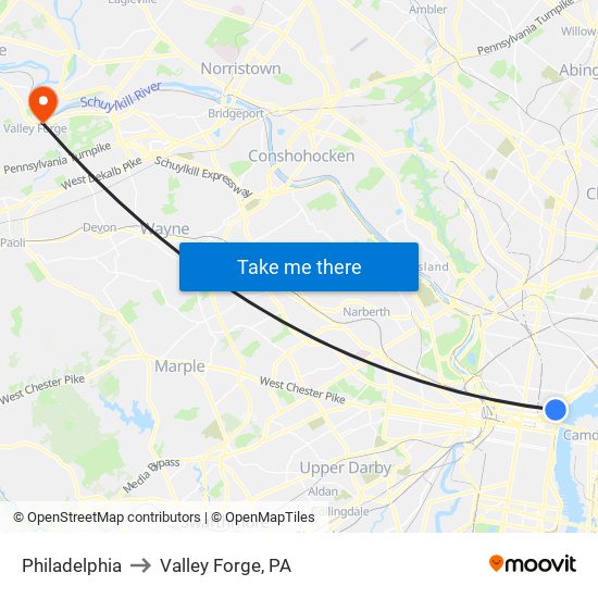 Philadelphia to Valley Forge, PA map