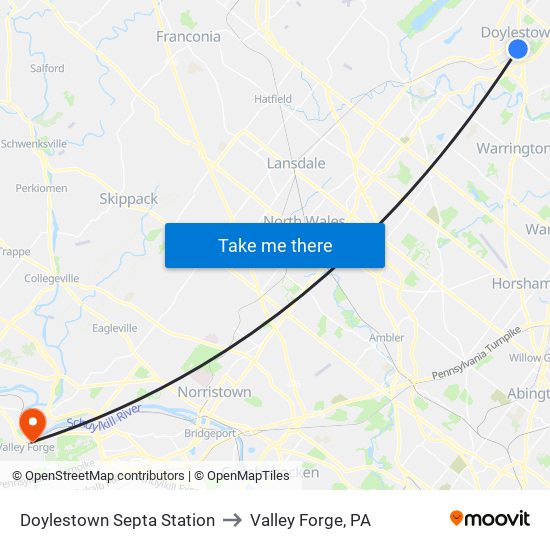 Doylestown Septa Station to Valley Forge, PA map