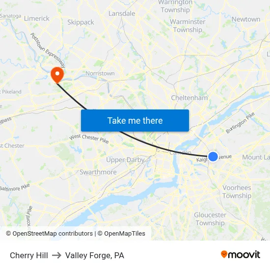 Cherry Hill to Valley Forge, PA map
