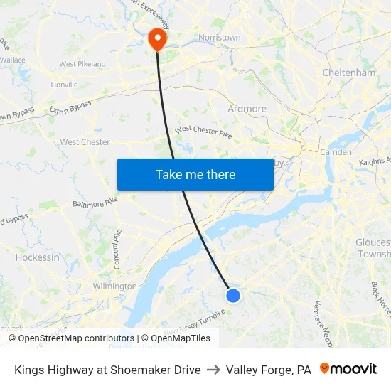Kings Highway at Shoemaker Drive to Valley Forge, PA map