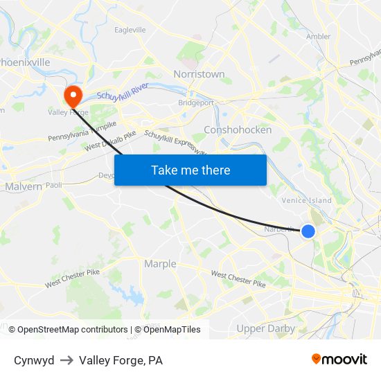 Cynwyd to Valley Forge, PA map