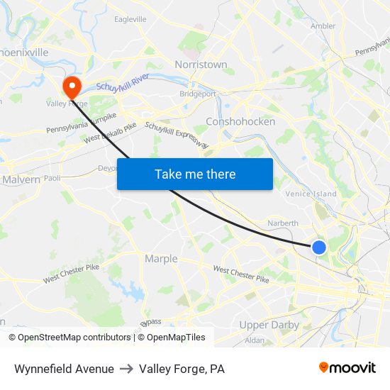 Wynnefield Avenue to Valley Forge, PA map