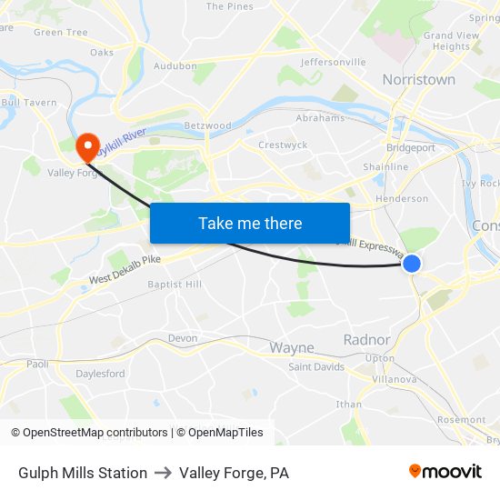 Gulph Mills Station to Valley Forge, PA map
