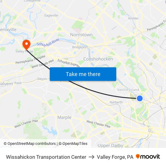Wissahickon Transportation Center to Valley Forge, PA map