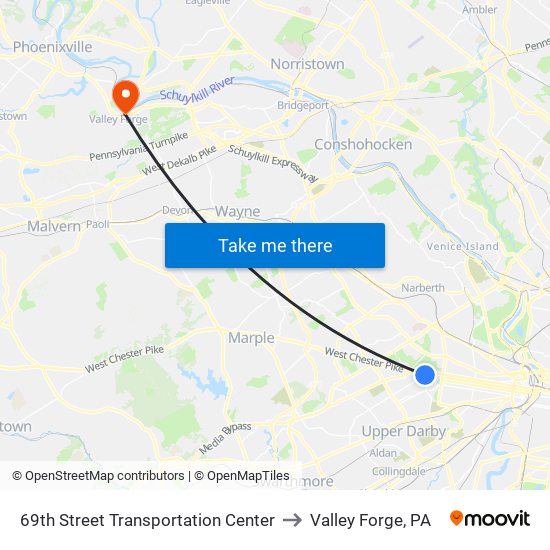 69th Street Transportation Center to Valley Forge, PA map