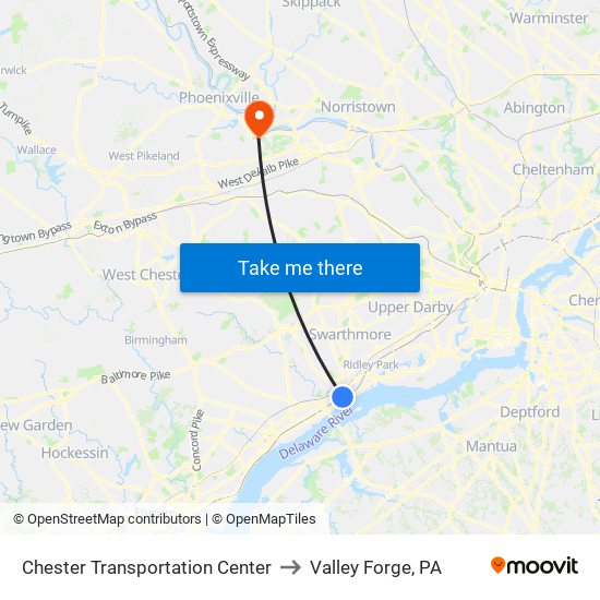 Chester Transportation Center to Valley Forge, PA map