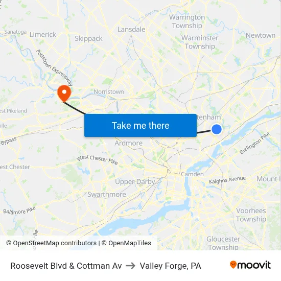 Roosevelt Blvd & Cottman Av to Valley Forge, PA map
