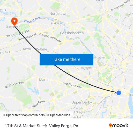 17th St & Market St to Valley Forge, PA map