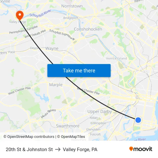 20th St & Johnston St to Valley Forge, PA map