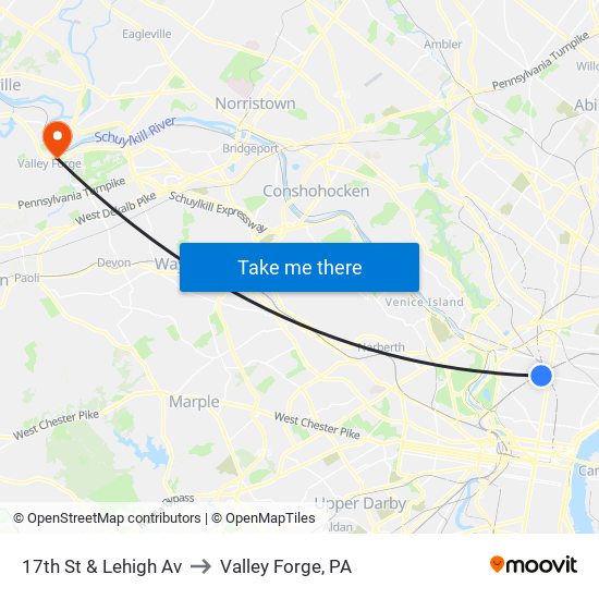 17th St & Lehigh Av to Valley Forge, PA map