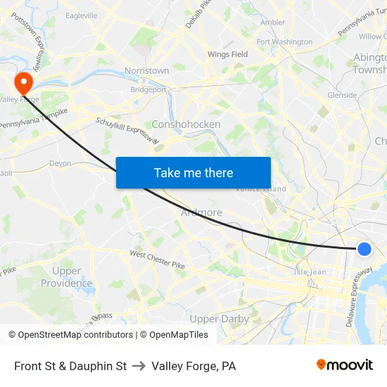 Front St & Dauphin St to Valley Forge, PA map