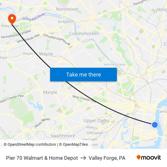 Pier 70 Walmart & Home Depot to Valley Forge, PA map