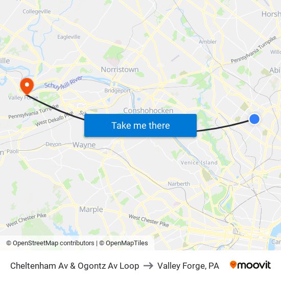 Cheltenham Av & Ogontz Av Loop to Valley Forge, PA map