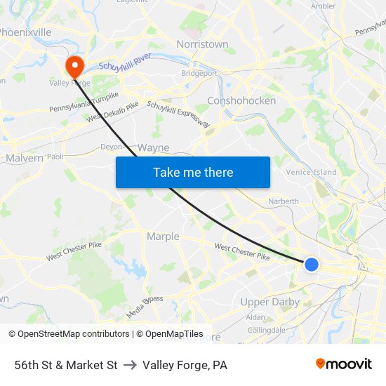 56th St & Market St to Valley Forge, PA map