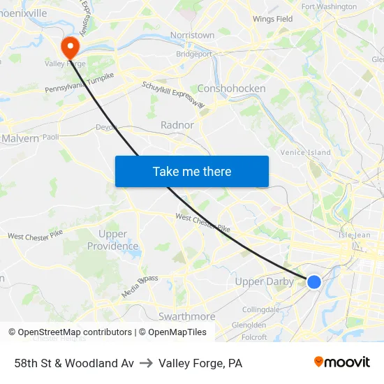 58th St & Woodland Av to Valley Forge, PA map