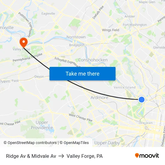 Ridge Av & Midvale Av to Valley Forge, PA map