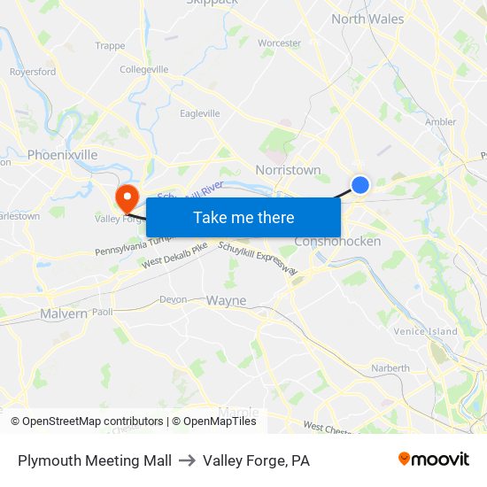 Plymouth Meeting Mall to Valley Forge, PA map