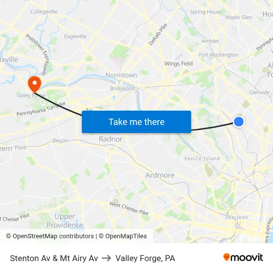 Stenton Av & Mt Airy Av to Valley Forge, PA map