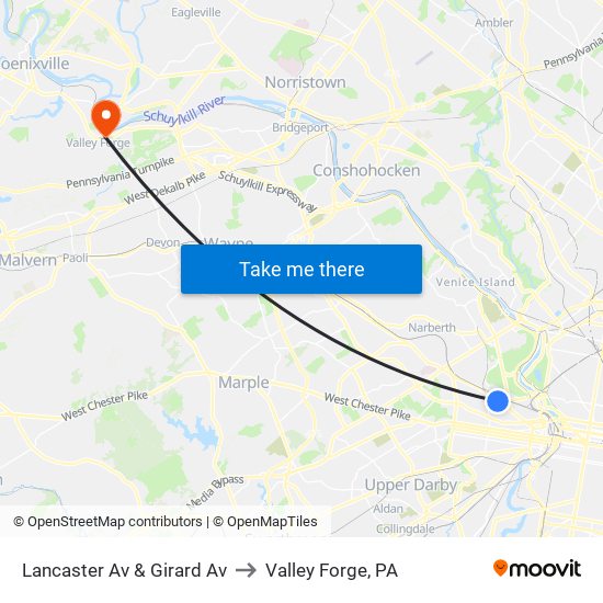 Lancaster Av & Girard Av to Valley Forge, PA map