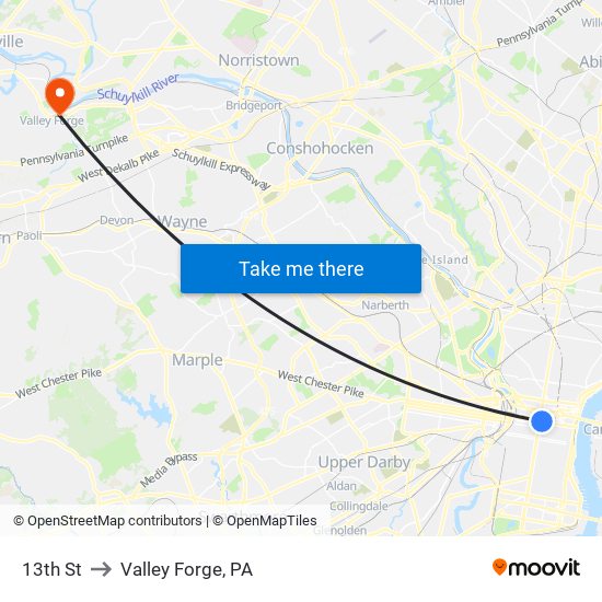 13th St to Valley Forge, PA map