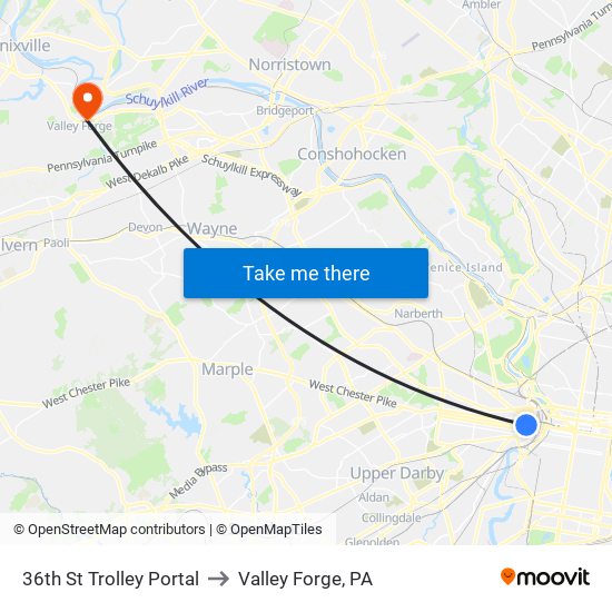 36th St Trolley Portal to Valley Forge, PA map
