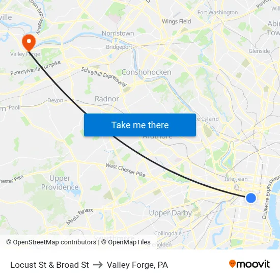 Locust St & Broad St to Valley Forge, PA map
