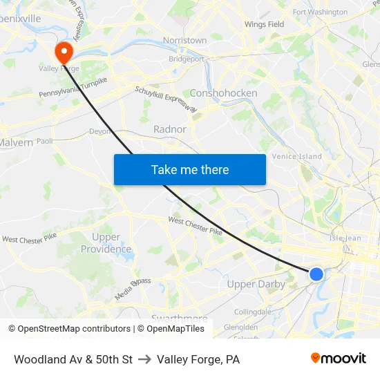 Woodland Av & 50th St to Valley Forge, PA map