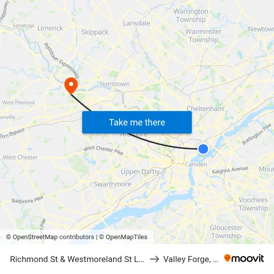 Richmond St & Westmoreland St Loop to Valley Forge, PA map
