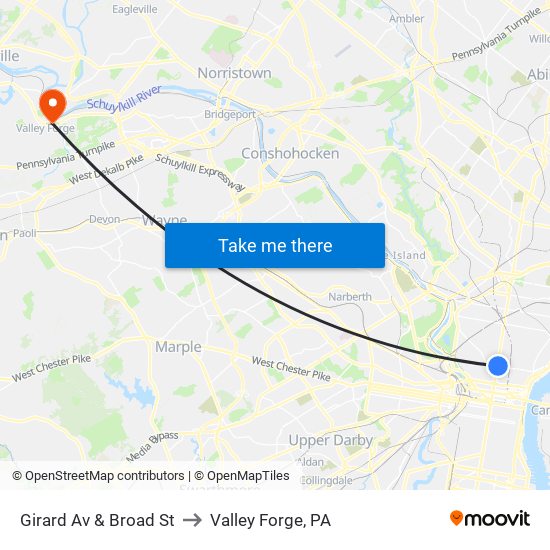 Girard Av & Broad St to Valley Forge, PA map