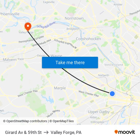 Girard Av & 59th St to Valley Forge, PA map