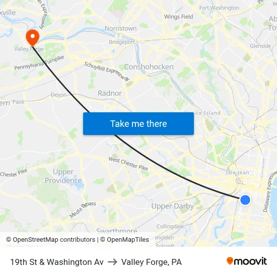 19th St & Washington Av to Valley Forge, PA map