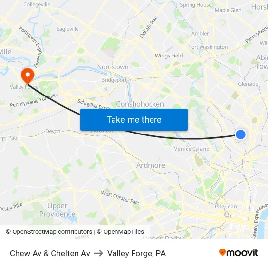 Chew Av & Chelten Av to Valley Forge, PA map