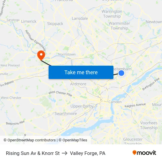 Rising Sun Av & Knorr St to Valley Forge, PA map