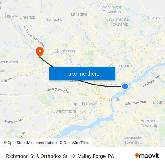 Richmond St & Orthodox St to Valley Forge, PA map