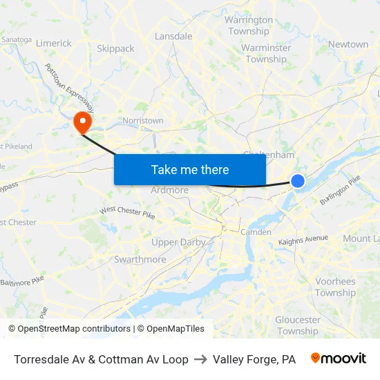 Torresdale Av & Cottman Av Loop to Valley Forge, PA map