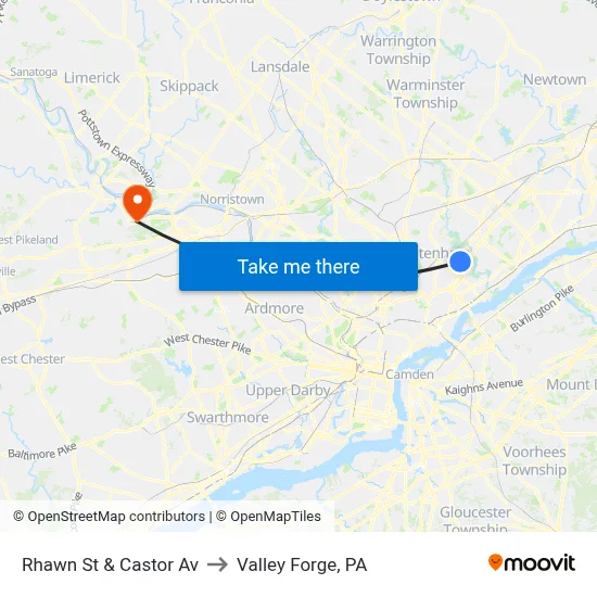 Rhawn St & Castor Av to Valley Forge, PA map