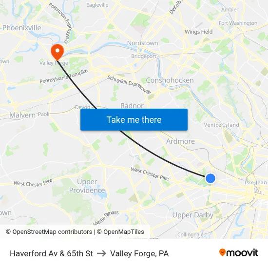 Haverford Av & 65th St to Valley Forge, PA map