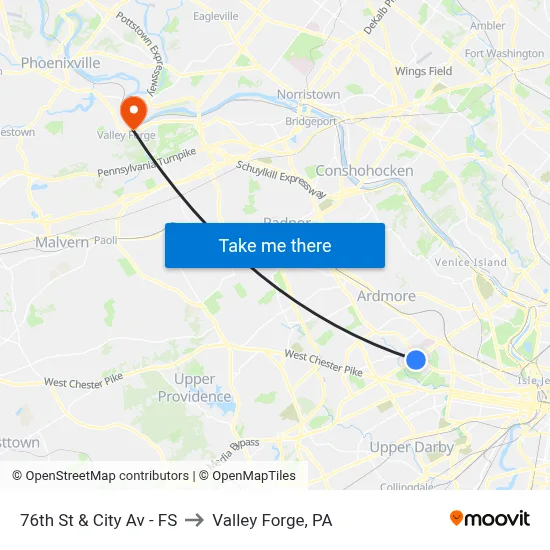 76th St & City Av - FS to Valley Forge, PA map