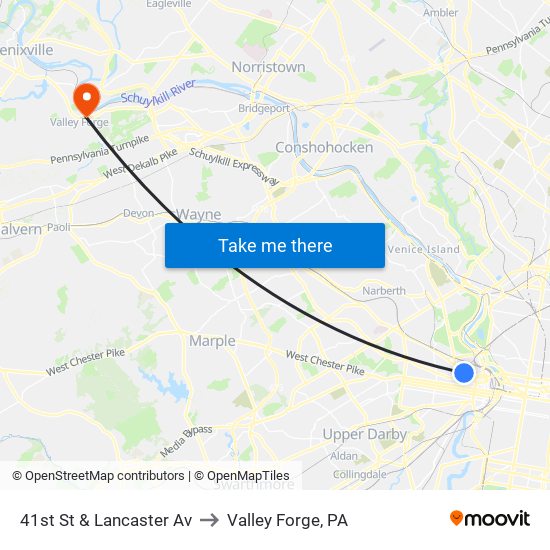 41st St & Lancaster Av to Valley Forge, PA map