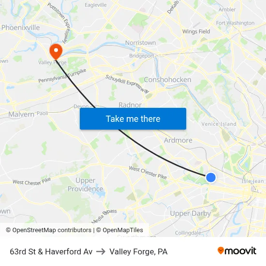 63rd St & Haverford Av to Valley Forge, PA map